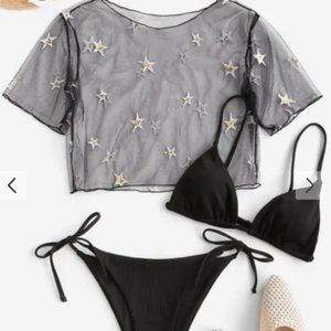 Ribbed Sequined Star Lace Three Piece String Bikini Swimwear